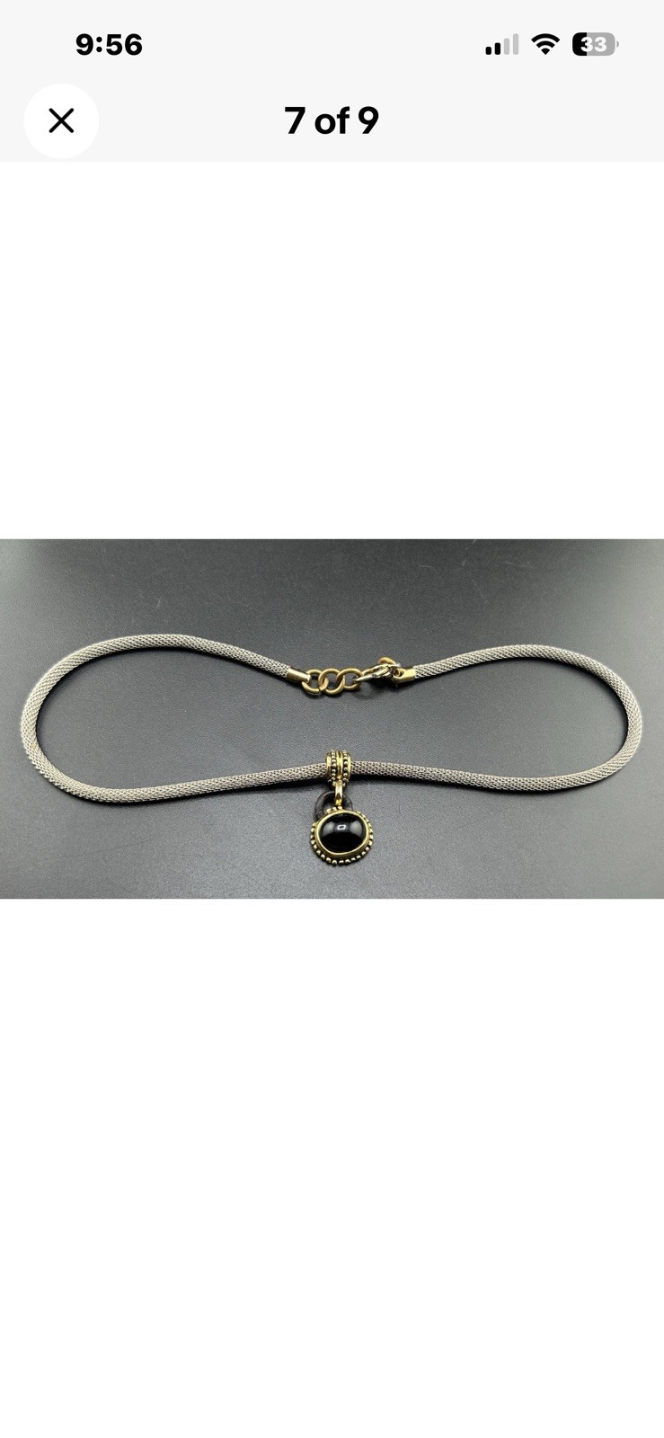 Black Cabochon Silver/Gold/Brass Tone Pendant And Mesh Necklace, CHOKER STYLE