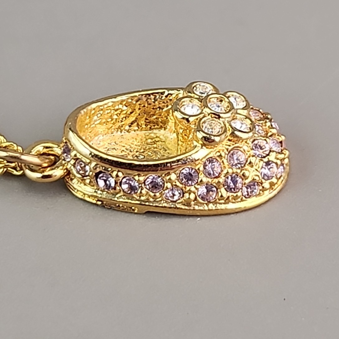 Firenza Baby Shoe Charm Necklace May Birthstone Clear Rhinestones Gold Tone 17mm