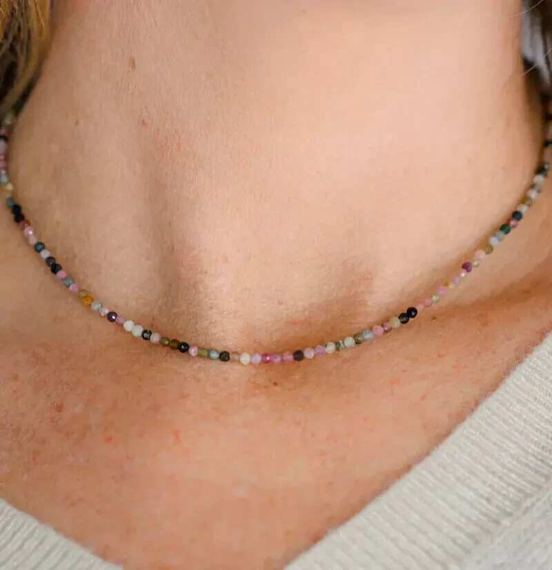 2mm Natural Rainbow Tourmaline Beaded Choker Tiny Gemstone Boho Women Necklace