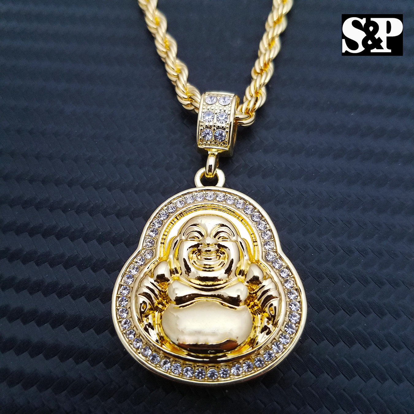 Unisex Lab Diamonds Lucky Happy Buddha Pendant & 4mm 24″ Rope Chain Necklace