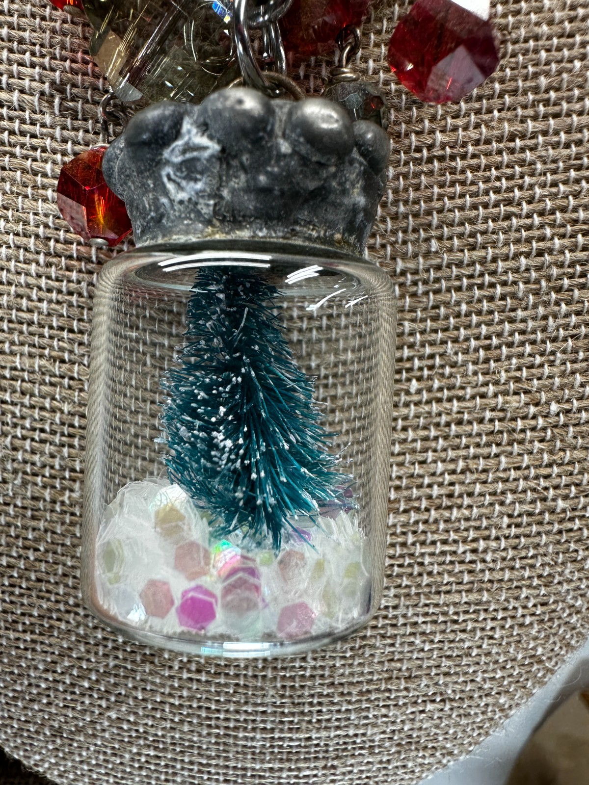 Necklace Mixed Media Whimsy Christmas Tree Snow Globe Pendant Assembledge