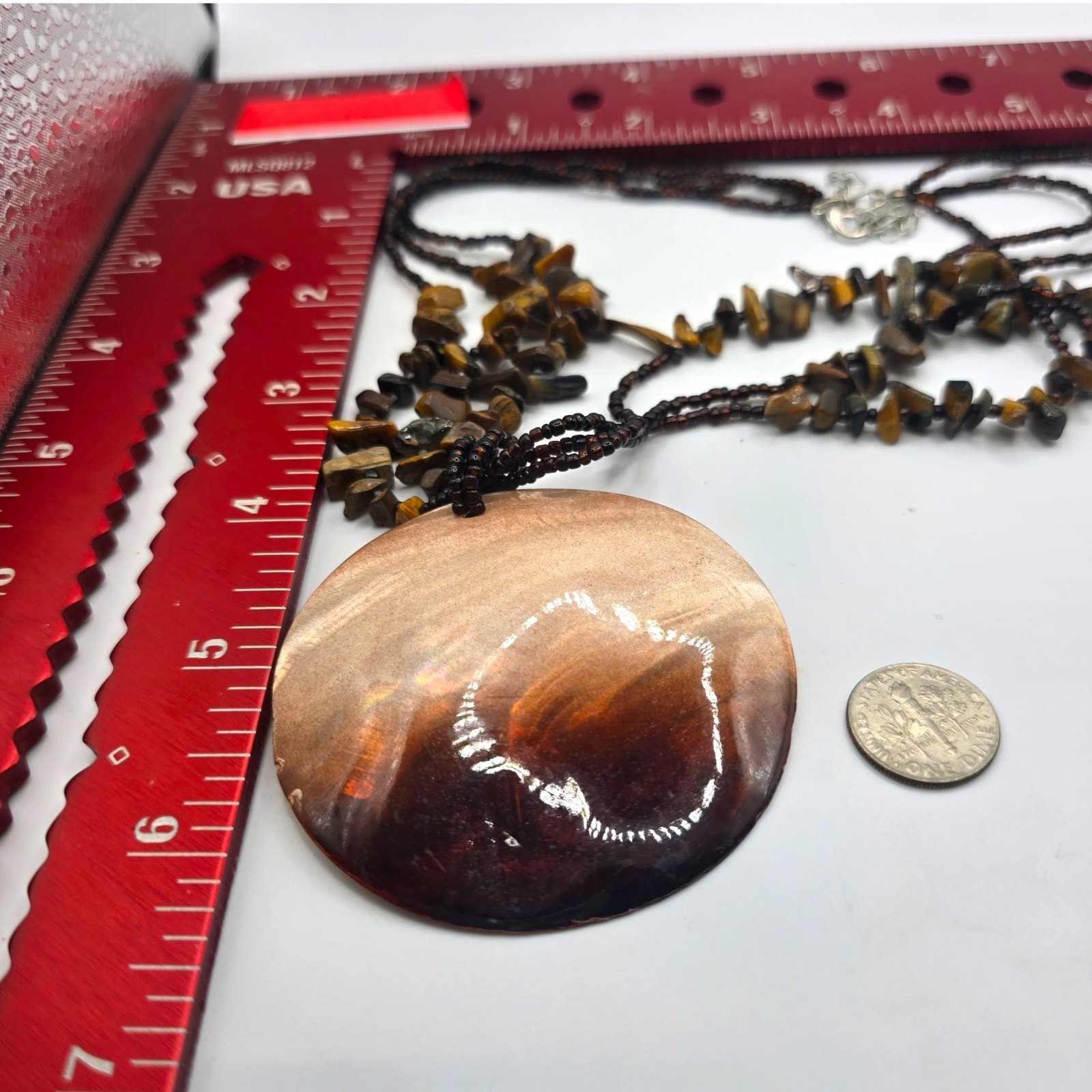 Vintage Necklace Harvest Moon Like Design Shell Pendant Handmade Beaded SKU 3030