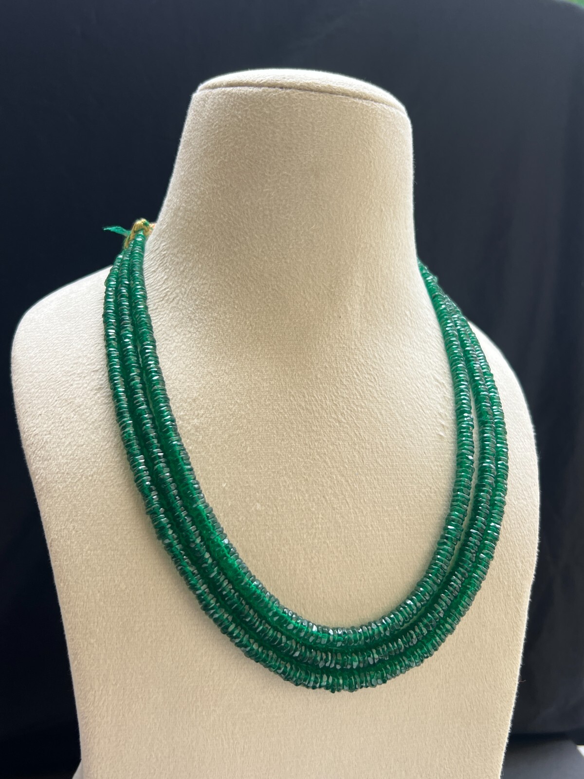 Emerald labbon facted 3 Layer Heishi Beads Necklace 18″ Handmade Layered Jewelry