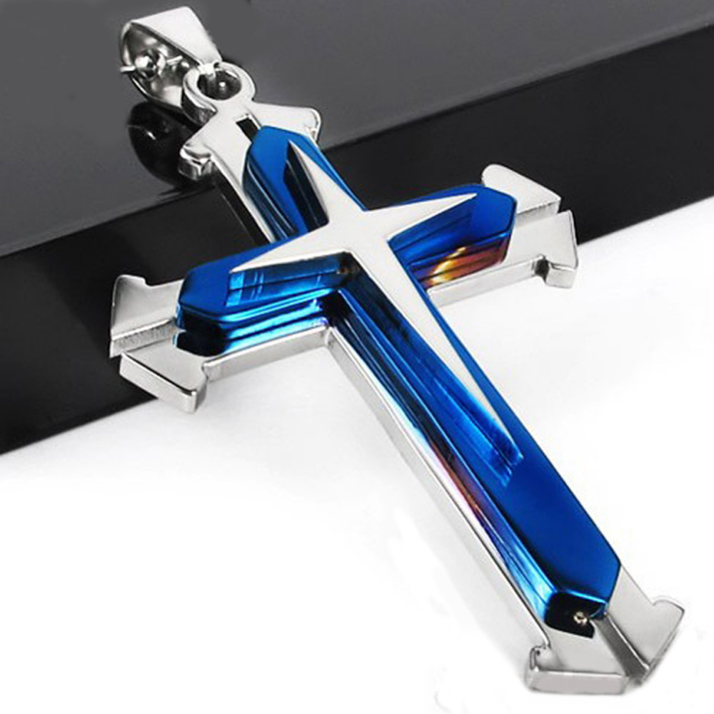 New Unisex’s Men’s Women Silver Blue Stainless Steel Cross Pendant Necklace Gift