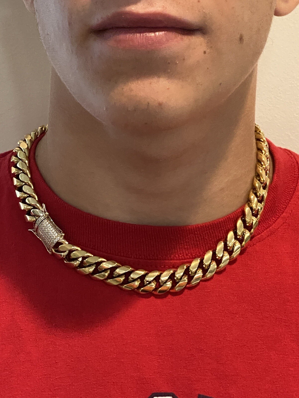 Miami Cuban Chain 14k Gold Plated SS Men Hip Hop Choker Iced CZ Box Lock 14mm