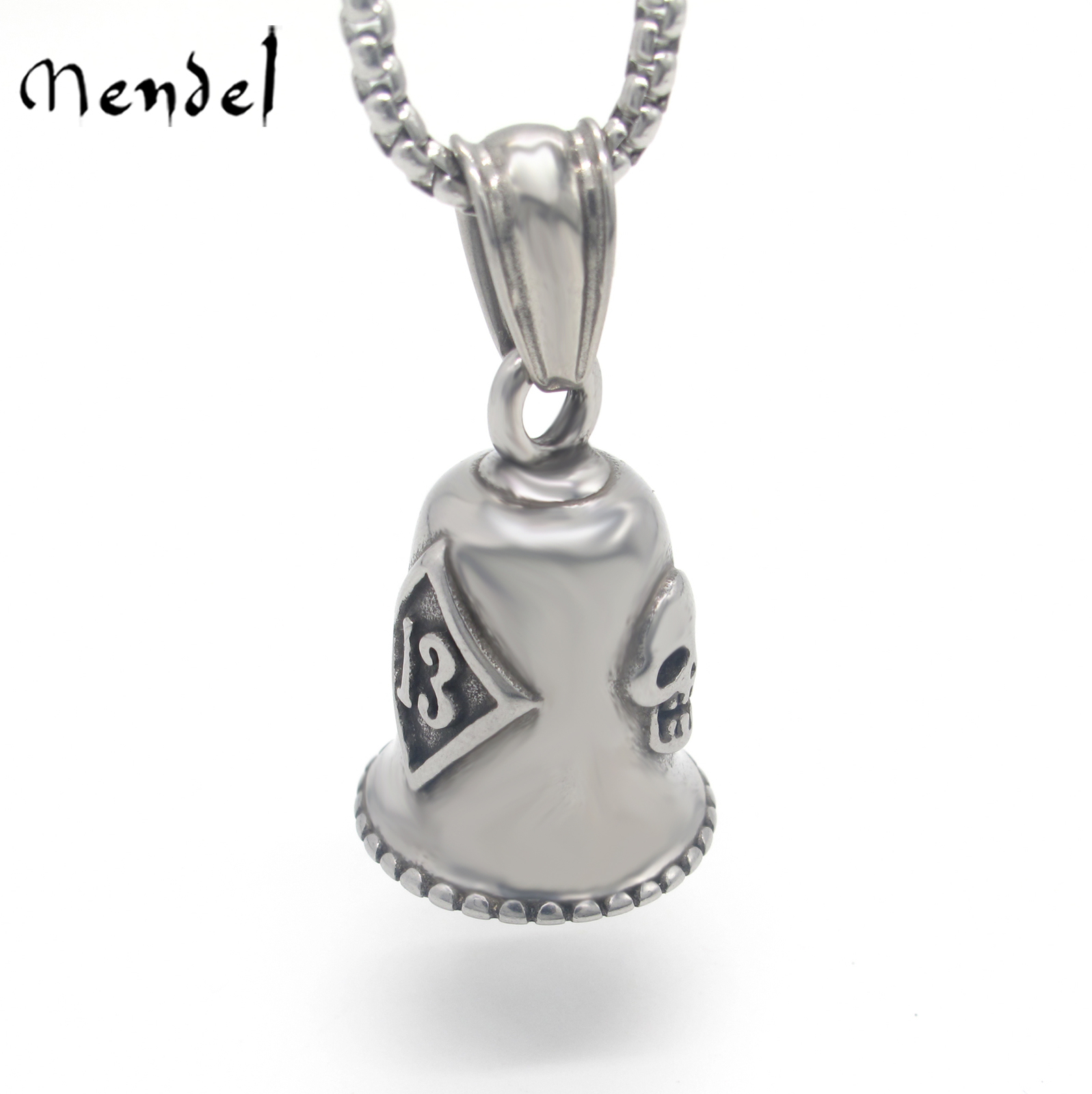 MENDEL Mens Number 13 Biker Skull Guardian Bell Pendant Necklace Stainless Steel
