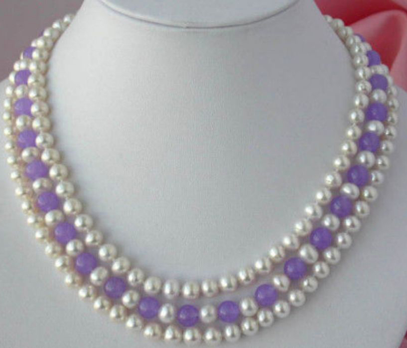 3 Rows 7-8mm Natural White Pearl & Alexandrite Gems Round Beads Necklace 17-19″