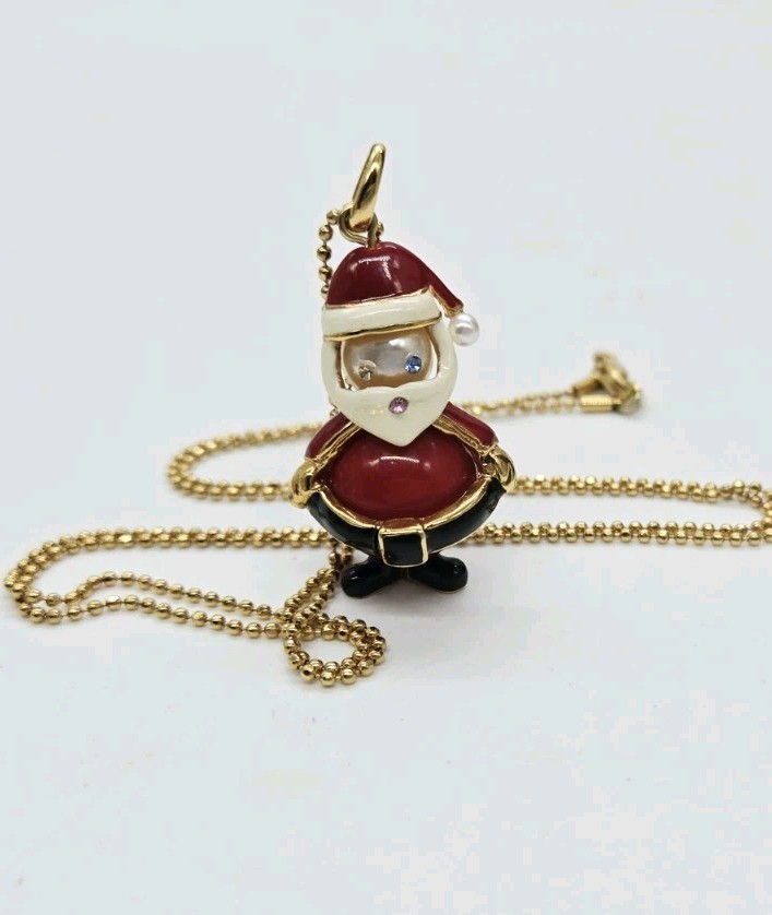 Santa Claus Pendant Necklace enamel Glass Faux Pearl Gold tone 28 in