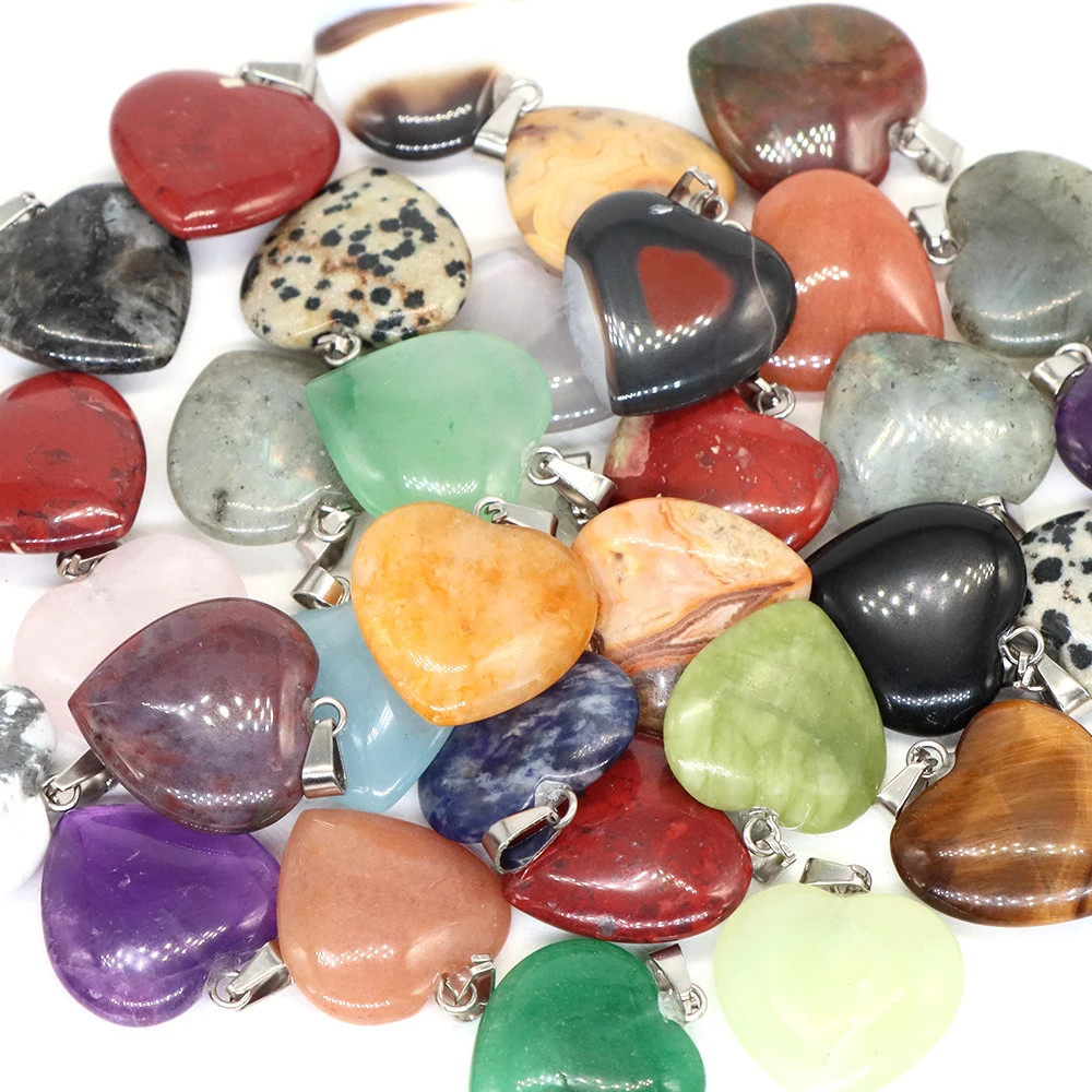 20mm Natural Stone Mix Heart Shape Charms Pendants For Jewelry Making Women