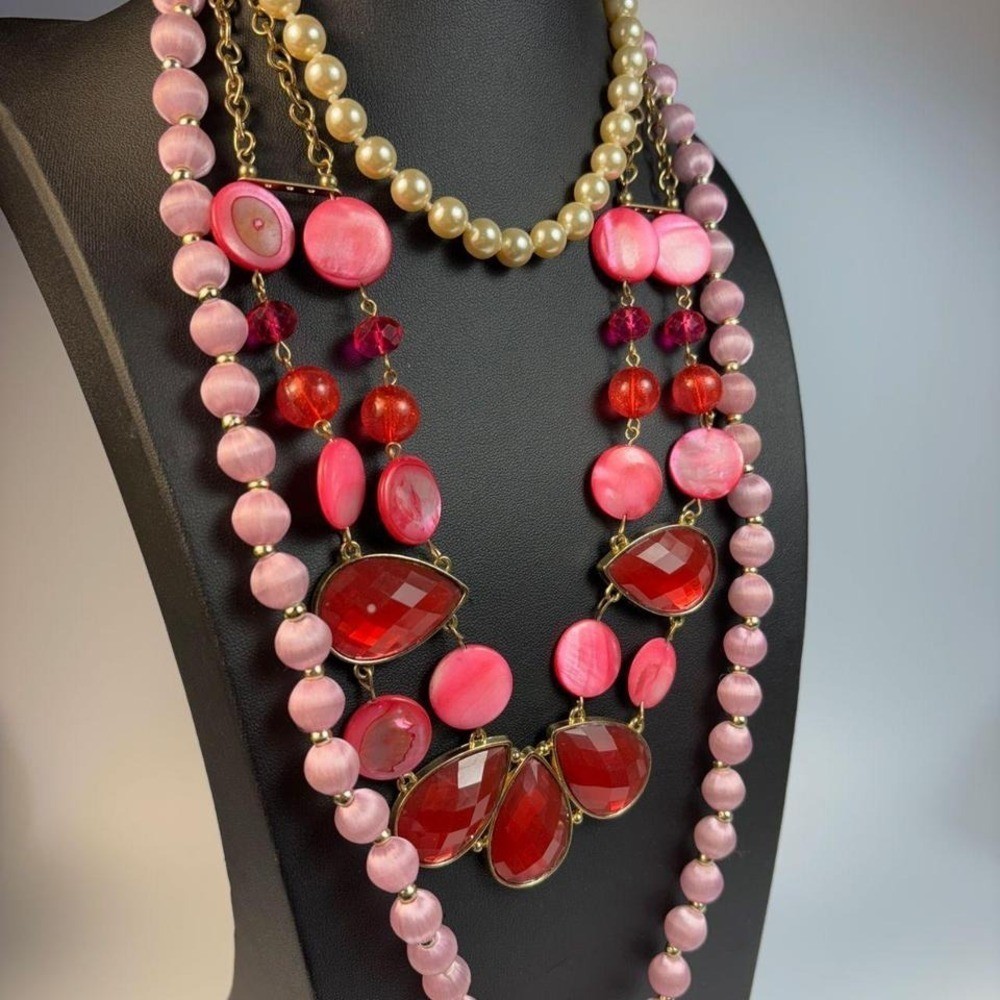 Glam necklace collection with pearl, pink, and gold tone