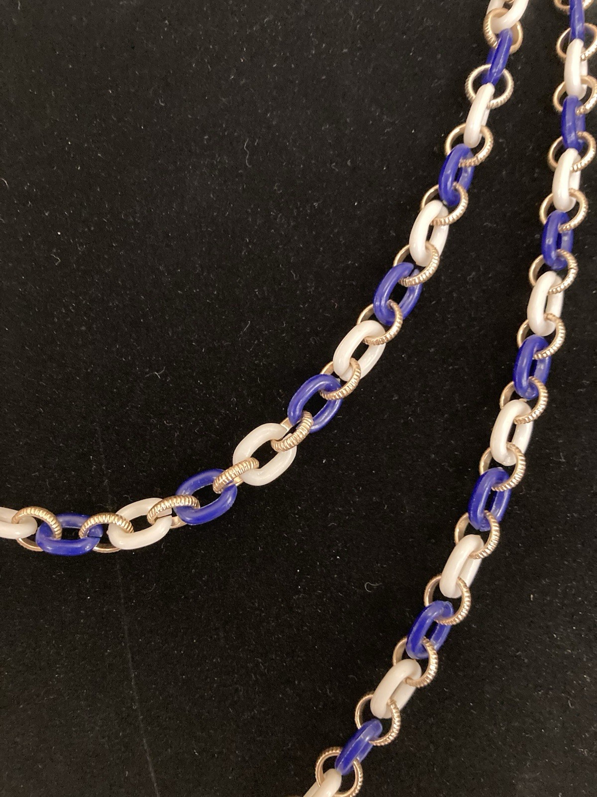 Blue, White And Gold Tone Rings, Necklace Spring Ring Clasp 51” Long