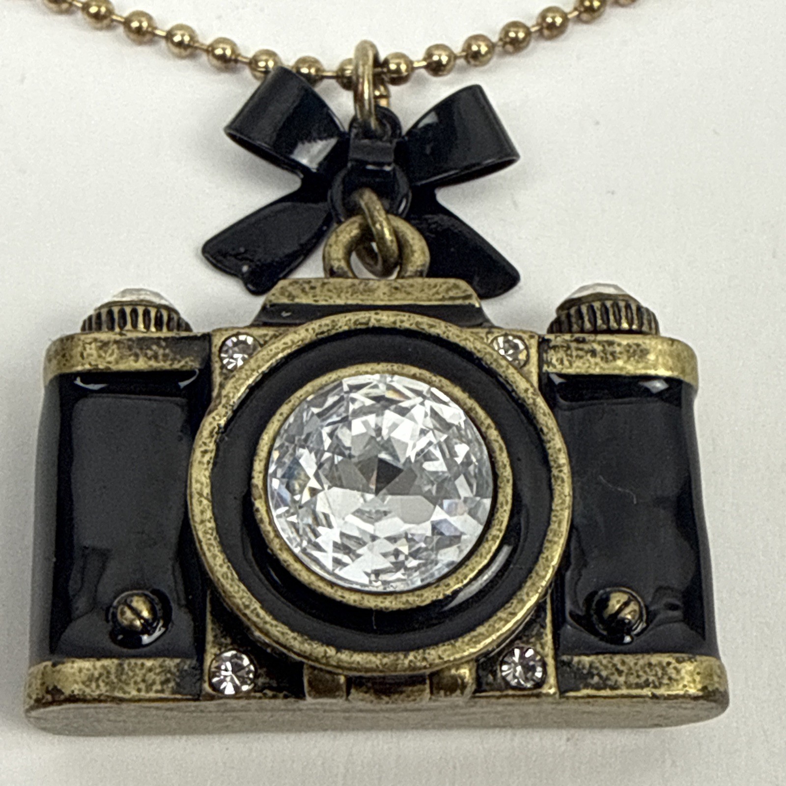 Betsey Johnson Camera Locket Necklace Black Enamel Crystal Photo Pendant Vintage