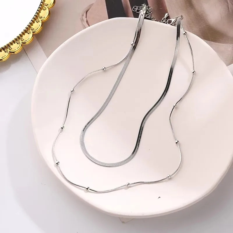 Double Layer Herringbone Necklace Women Gold Silver Stainless Steel Chain