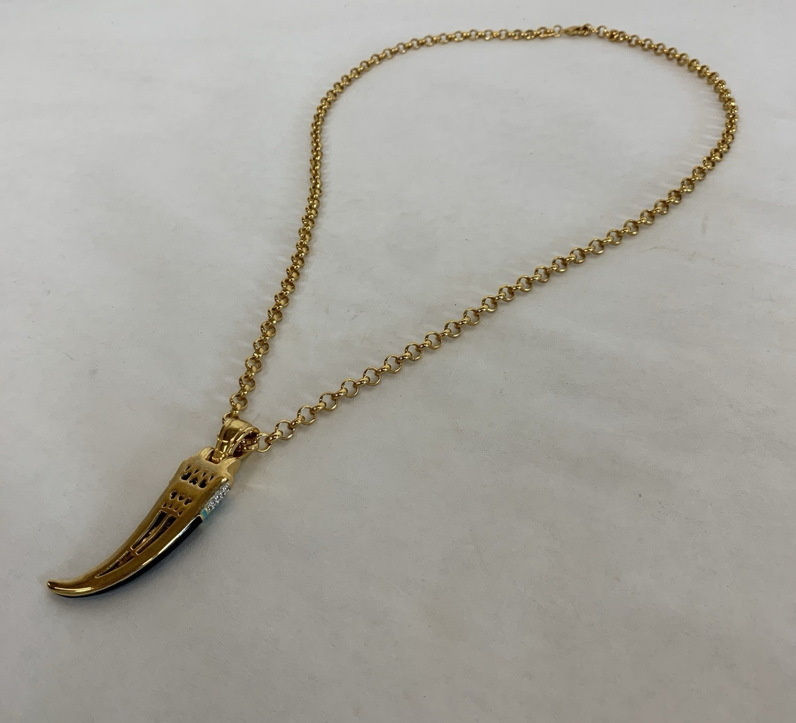RJM Gold Tone Necklace Black Horn Pendant Blue Accents Unisex Adult