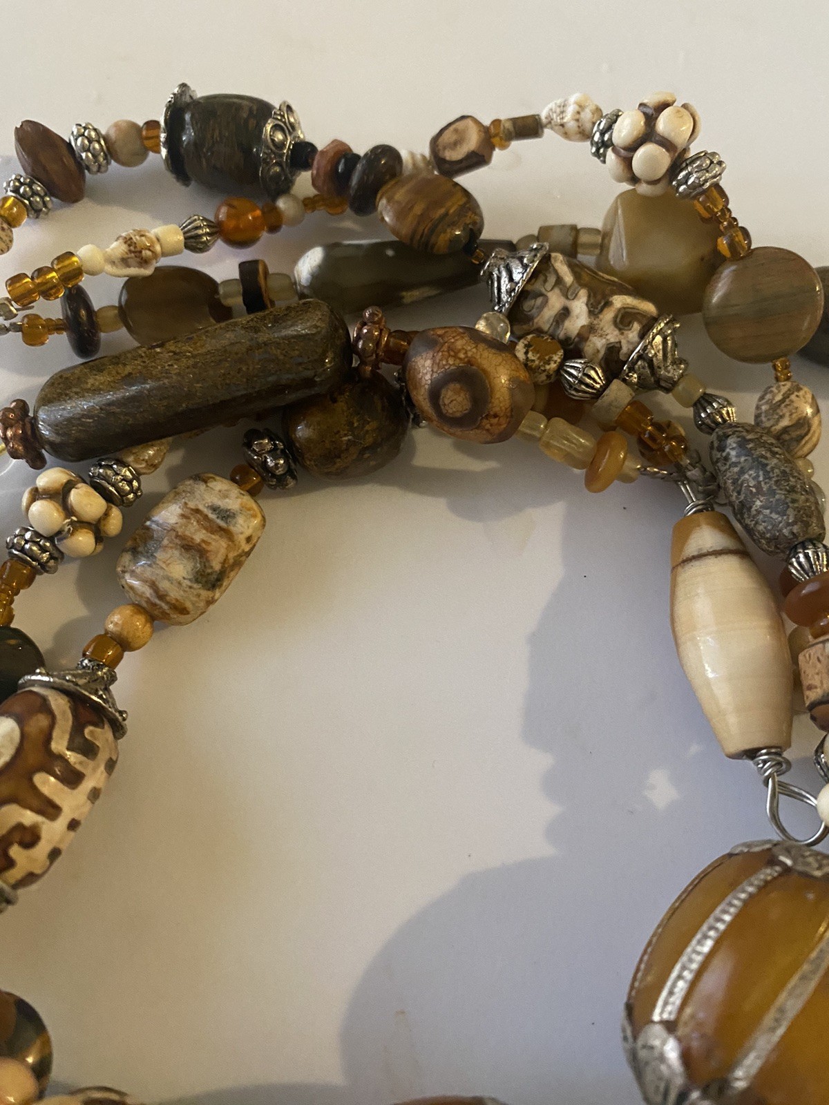 Global Trade Bead Necklace Amber Gemstone DZI Shell Glass Tuareg Cross Pendant