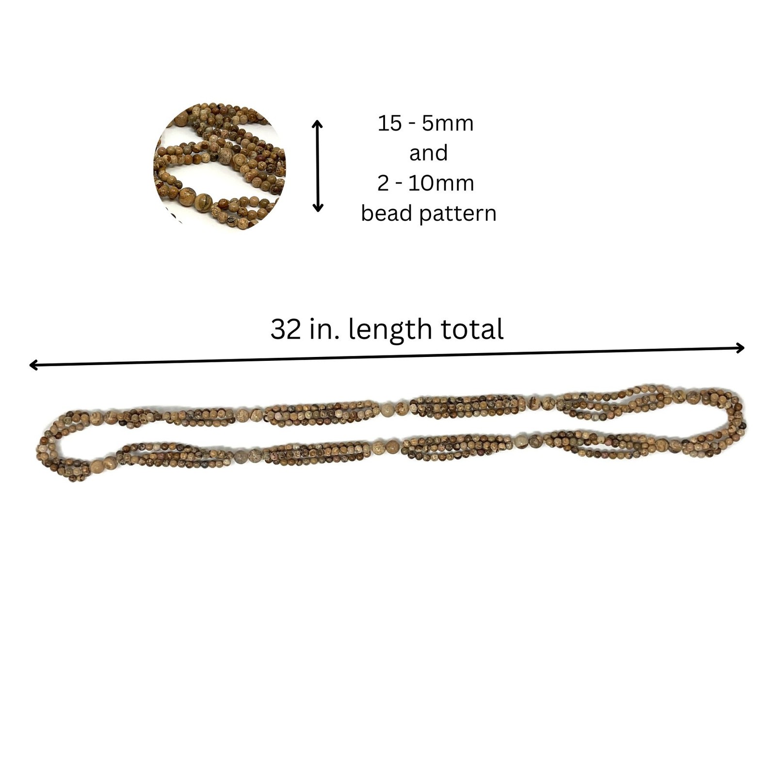 32″ Leopard Skin Jasper Necklace – 3 Strand – 5mm & 10mm Bead Pattern – Natural