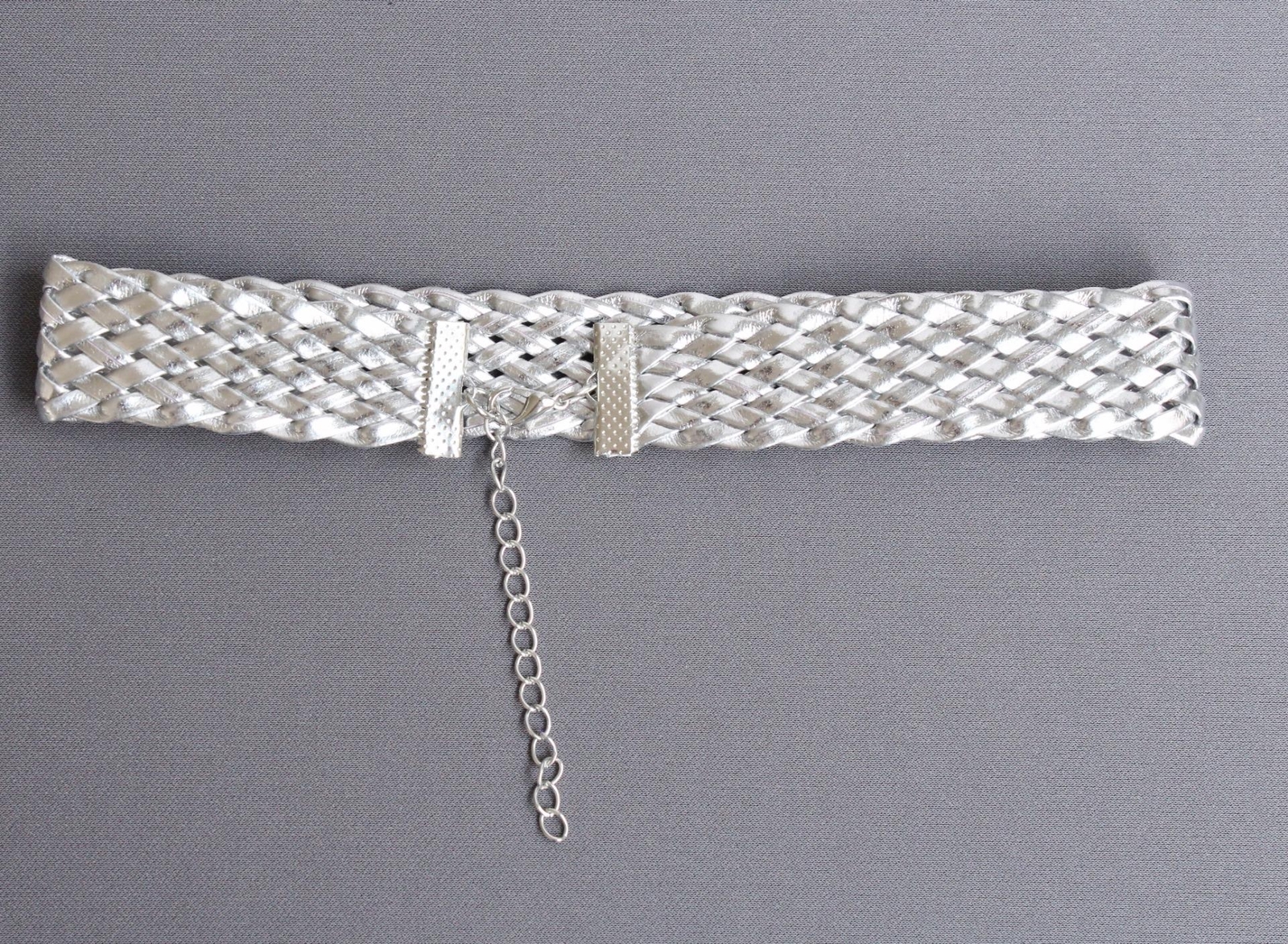 Silver faux leather choker woven necklace adjustable wide choker collar 13-15.5″