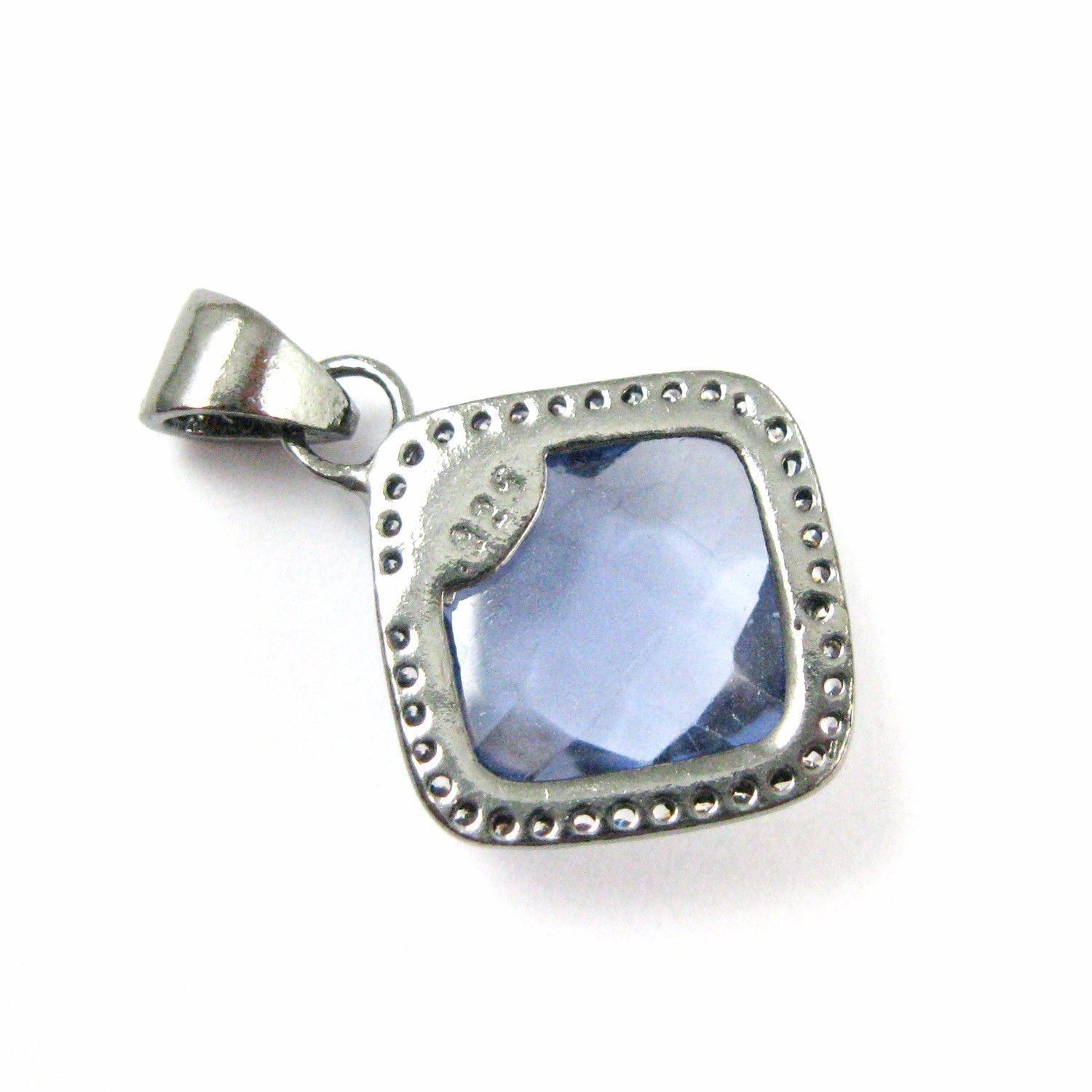 Oxidized Silver Iolite Quartz Bezel Gem Pendant,Cubic Zirconia Pave 17mm