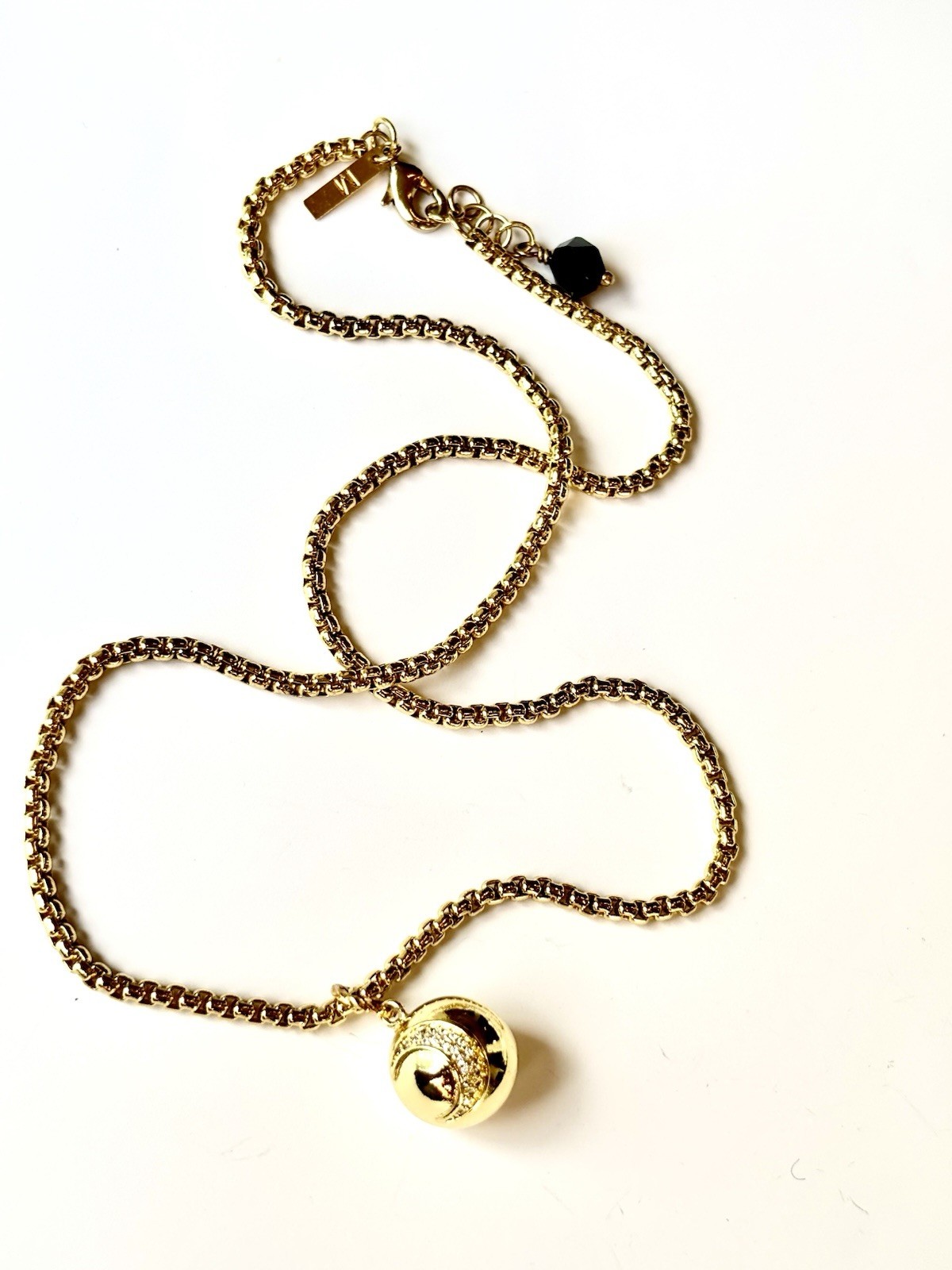 Pave Moon Ball Gold Tone Pendant with Stars Rounded Box Chain Necklace 16″ – 18″