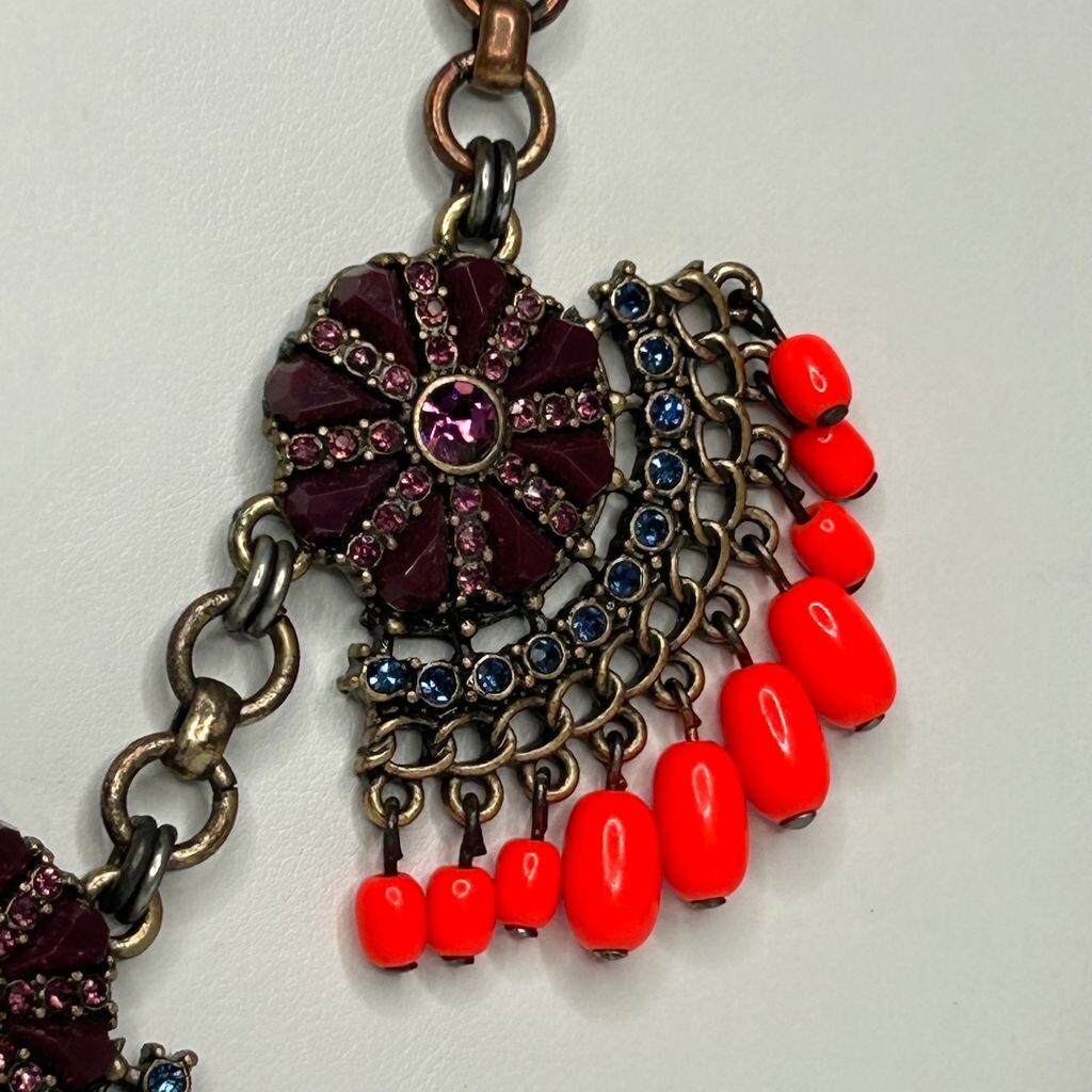 J Crew Necklace 18in +3 Brass Tone Neon Orange Bead Purple Crystals READ Flaw
