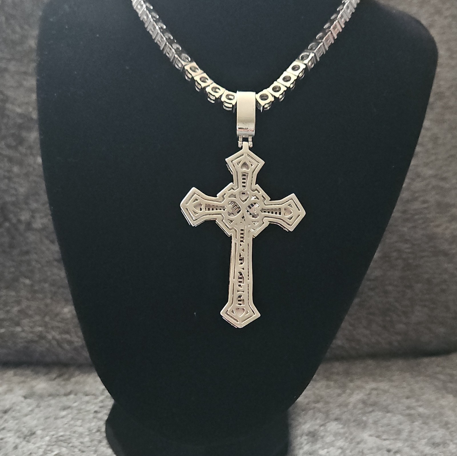 Silver Plated Moissanite Tennis Chain Necklace w/ Cross Charm Pendant, Box