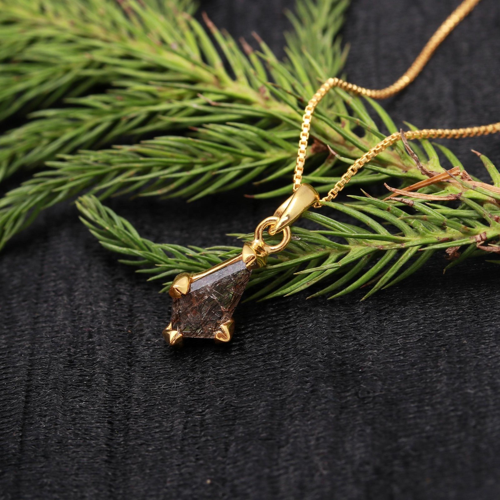Natural Black Rutile Kite Chain Pendant Gold Plated 925 Sterling Silver Jewelry
