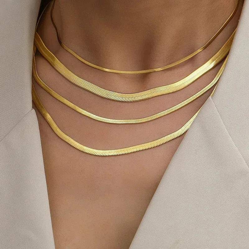 Stainless Steel Snake Chain Choker Necklace Gold Silver Herringbone Unisex Ad