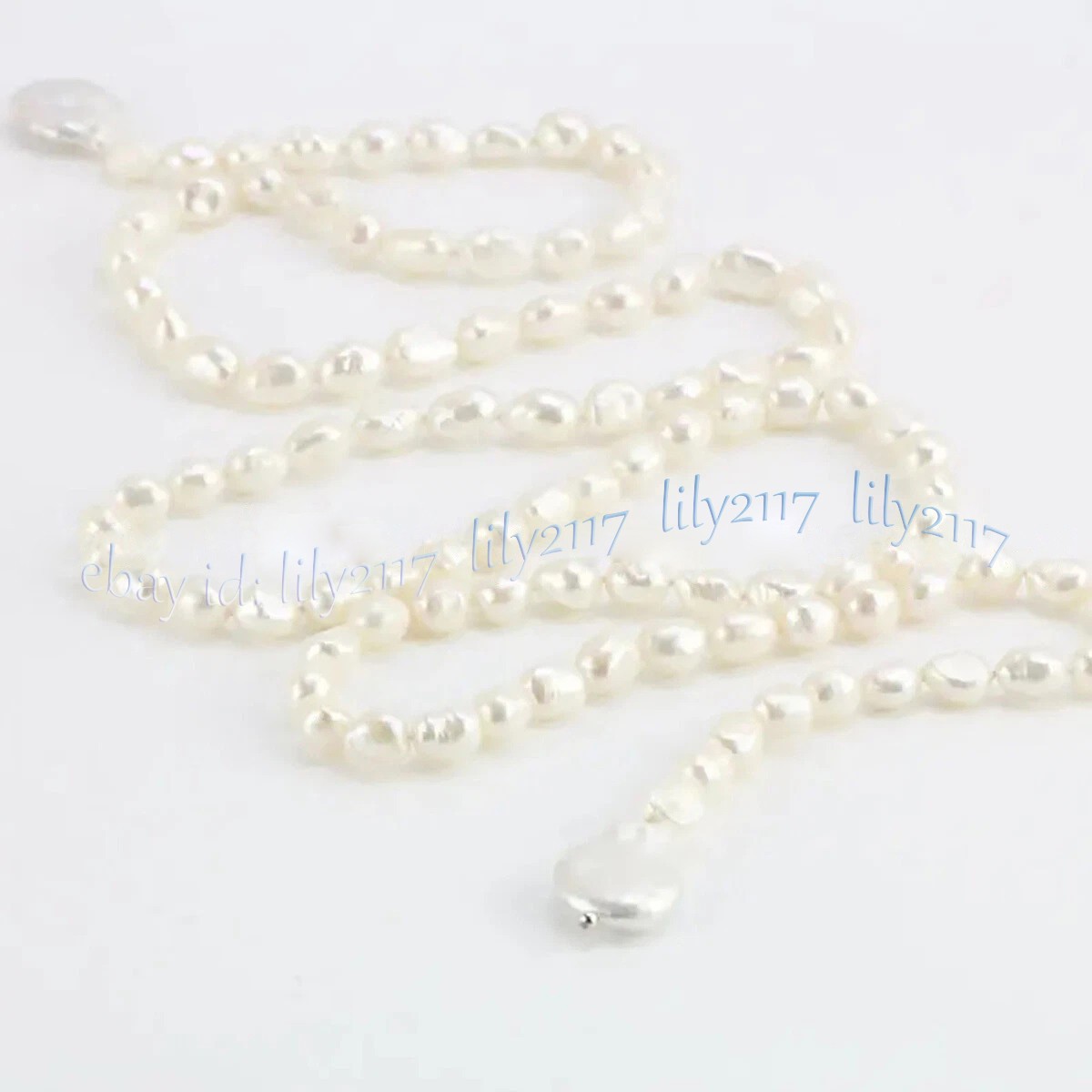 7-8mm Natural White Freshwater Baroque Pearl Teardrop Pendant Lariat Necklace