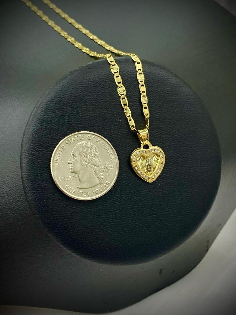 Heart CZ Virgen de Guadalupe Necklace Valentino Chain for Womens Gold F 15x13mm