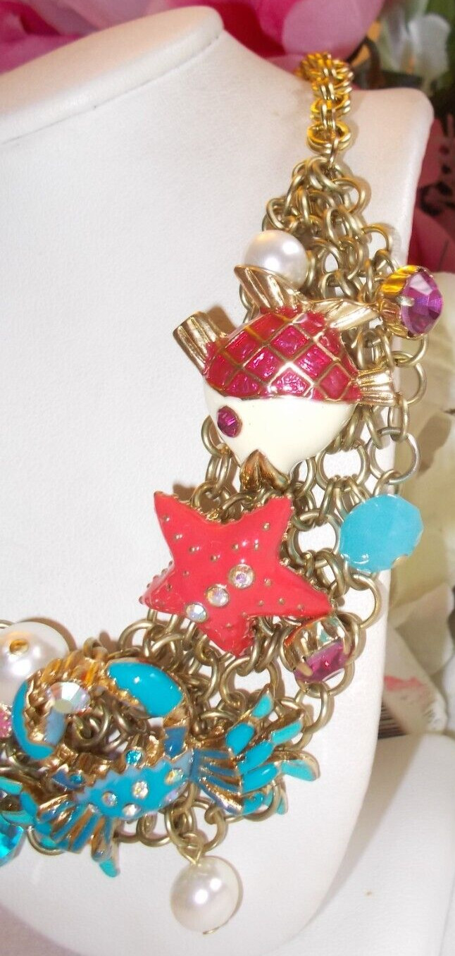 BETSEY JOHNSON LOVELY SEA LIFE CRYSTAL AND ENAMEL MULTICHARM STATEMENT NECKLACE