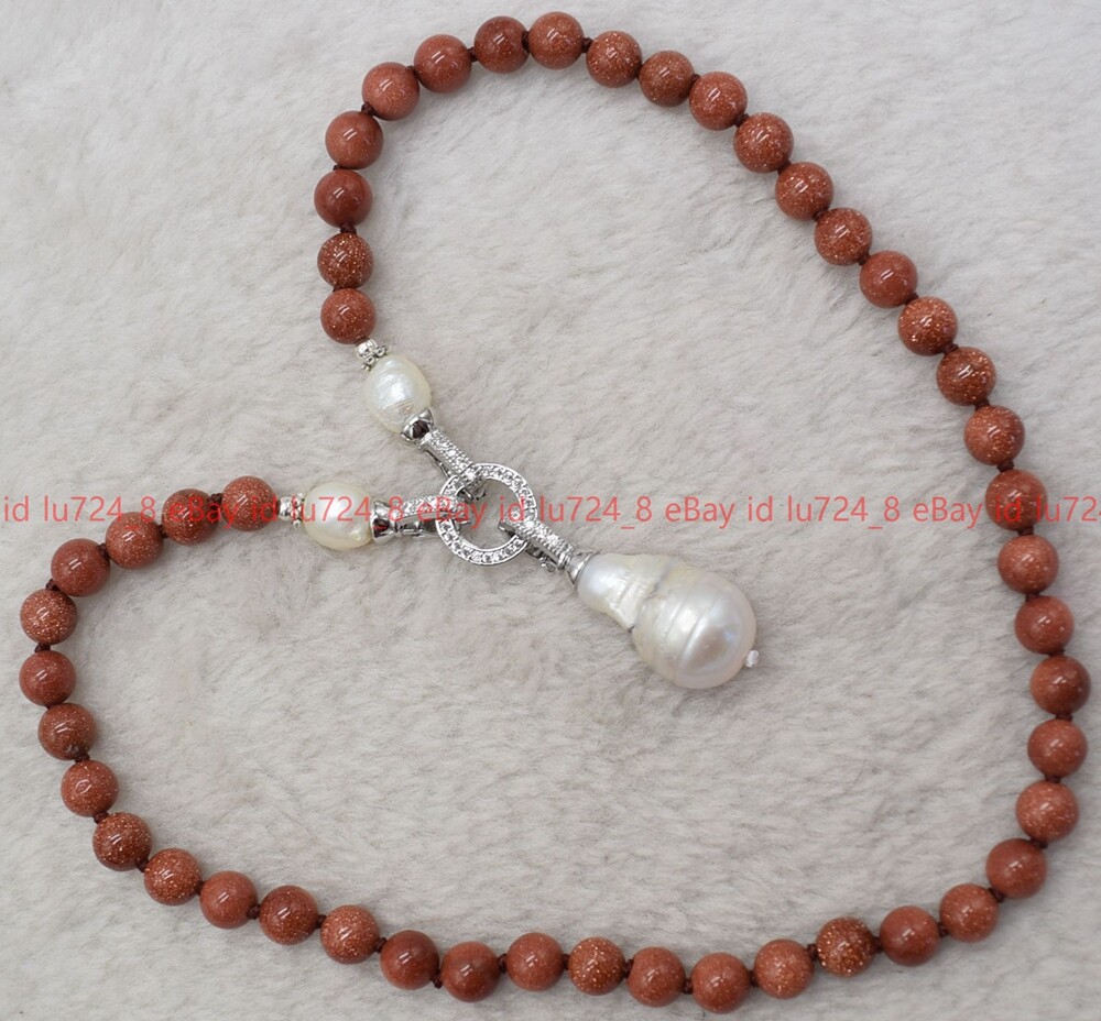 Natural Goldstone Round Gem Beads &White Keshi Baroque Pearl Pendant Necklace