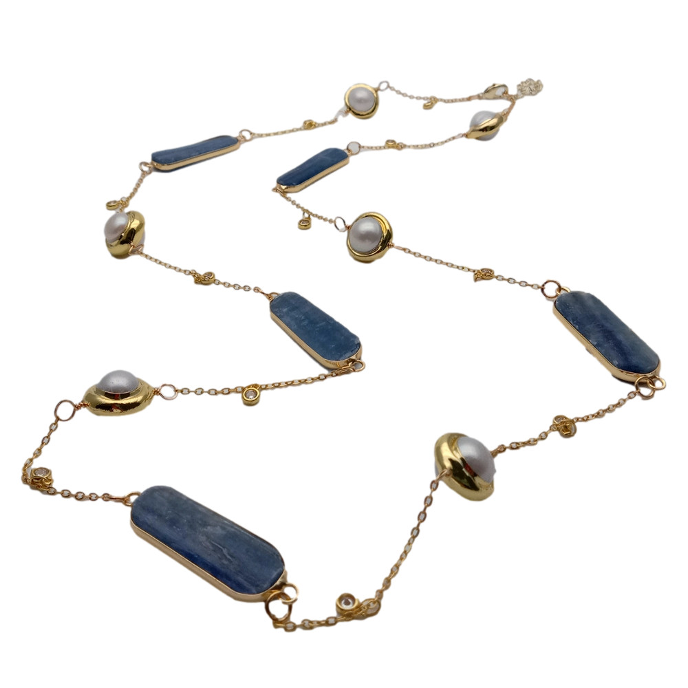 18″ Cultured White Pearl Natural Blue Kyanite Connector Chain Long Necklace