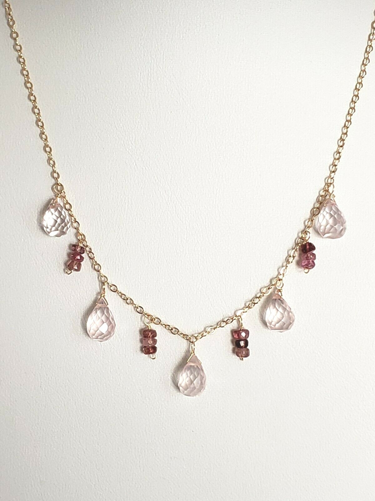 14k Yellow Gold Filled Rose Quartz and Pink Tourmaline Chain Necklace 16″ – 18″