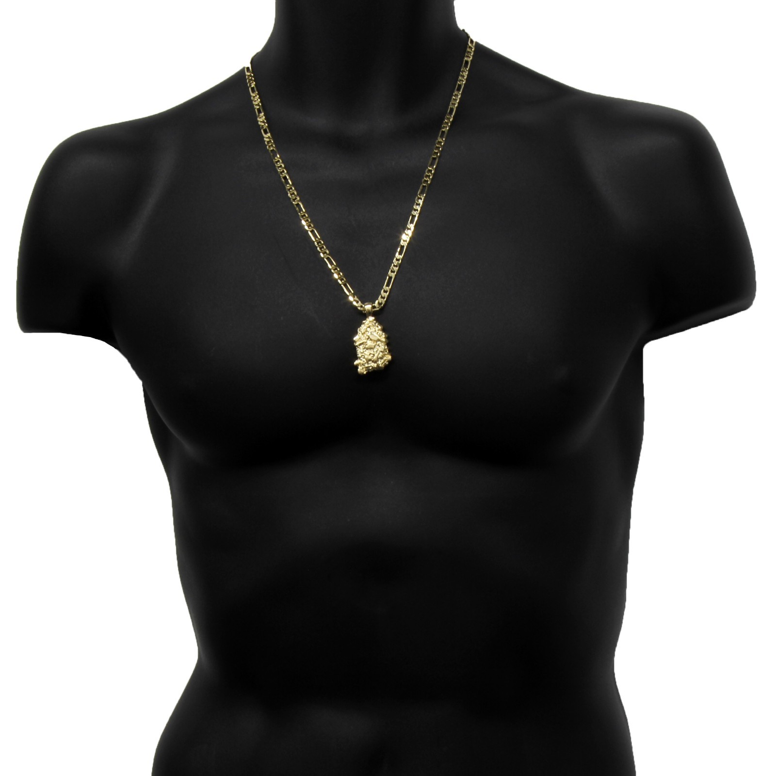 Mens 14K Gold Plated Nugget Pendant Hip-Hop 5mm/24″ Figaro Chain