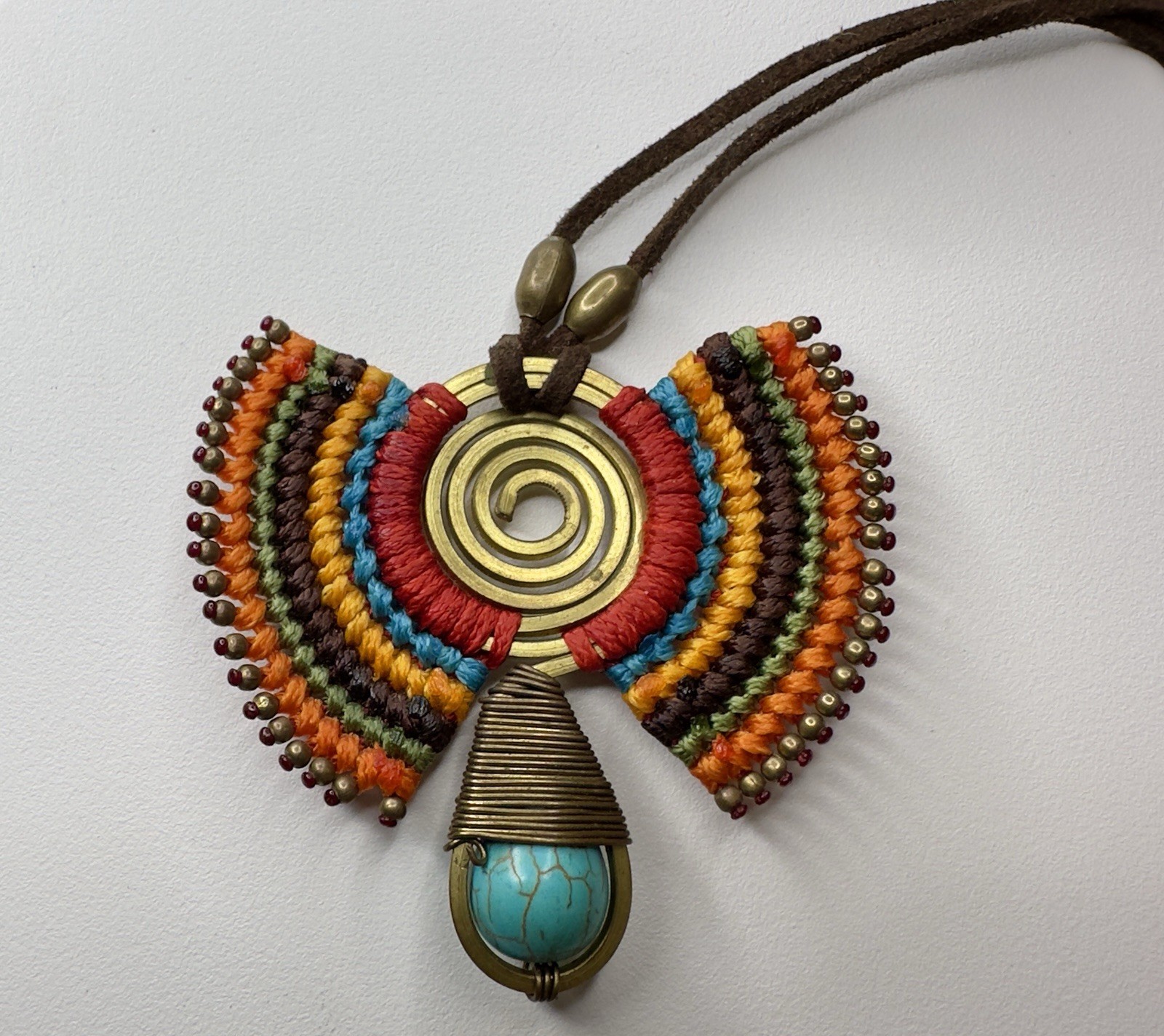 Tribal Path Turquoise Macrame Suede Handmade Necklace Evil Eye Artisan Nepal