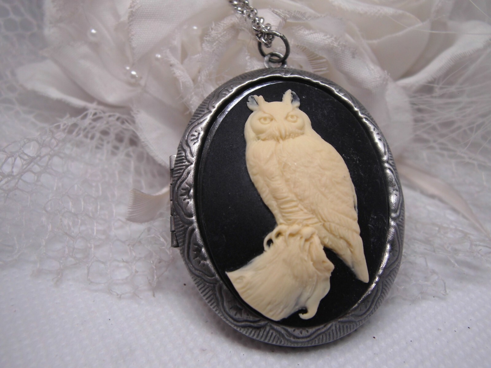 Horned Owl Barn Hoot Cameo PHOTO SILVER Necklace Locket PILL BOX Valentine’s Day