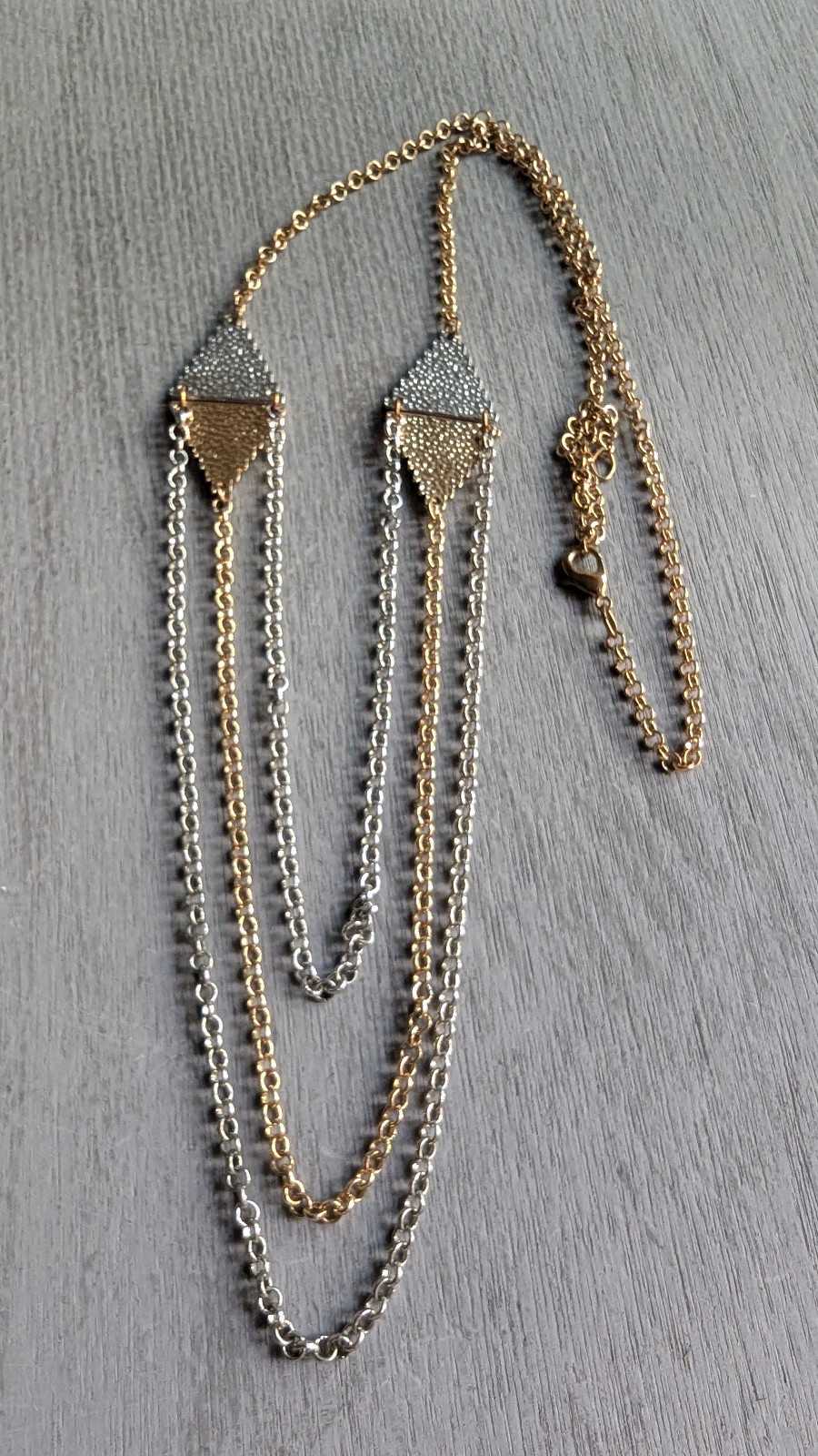 Layered Chain Necklace Three Strands, Two-Tone, Gold Silver 33″ Long Necklace