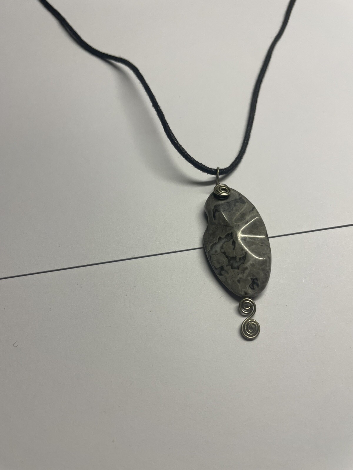 Women’s Grey Natural Stone Pendant / Black Cord Costume Necklace