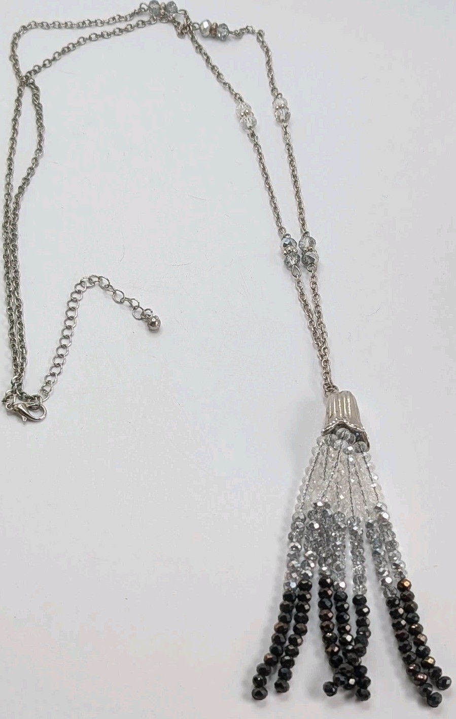 Long Silver Tone Necklace /w Tassel White Grey Black Ombre Beaded
