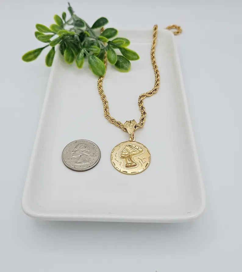 Gold Nefertiti Necklace, Medium 24mm Nefertiti Pendant, 14K Heavy plated Gold