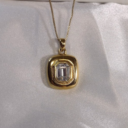 Emerald Cut Clear Crystal Goldtone Bezel Set Pendant Necklace – 32″ – Brilliant