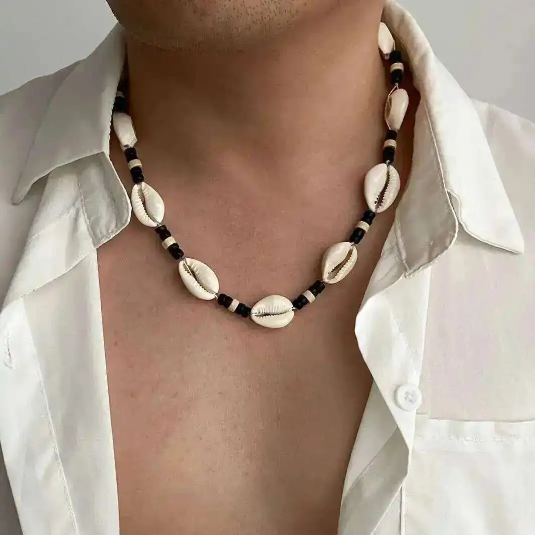 Bohemian Scallop Wood Bead Choker Necklace for Men Retro Adjustable Short