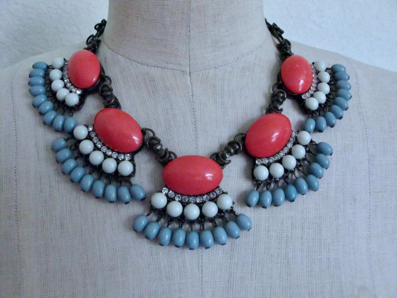 J. Crew Statement Fan Fringe Necklace Blue Coral Orange Beads Rhinestones