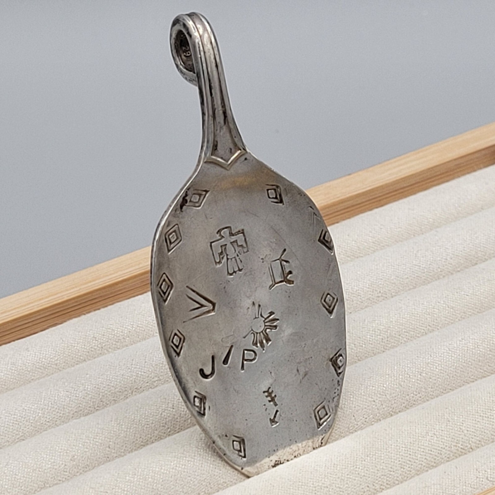 Wallingford Stainless Steel Spoon Pendant Aztec Stamped Thunderbird Arrow 3″