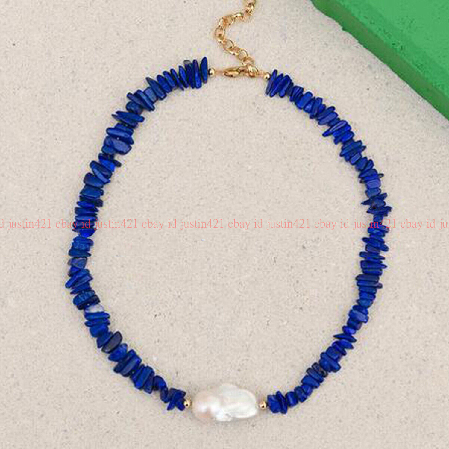 Natural Blue Lapis Lazuli Chip Gravel Gems White Baroque Pearl Pendant Necklace