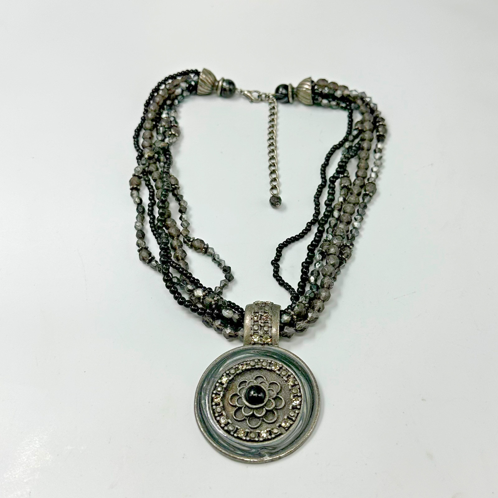 Black Grey Beaded Necklace Round Medallion Multistrand Boho Chic Adjustable