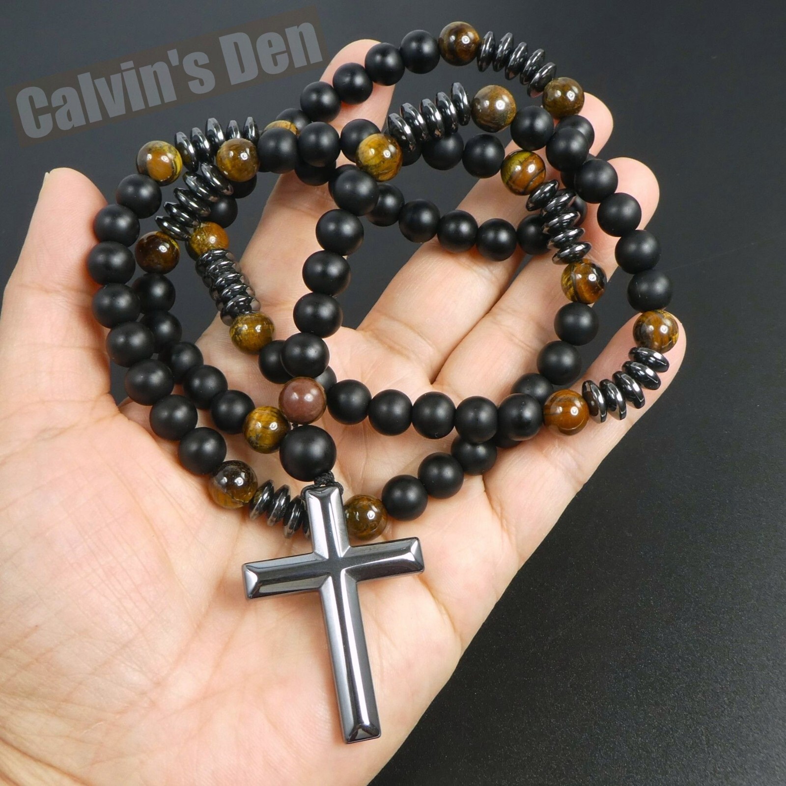 Black Obsidian Tiger Eye Black Hematite Cross Pendant Necklace Men Women Gift