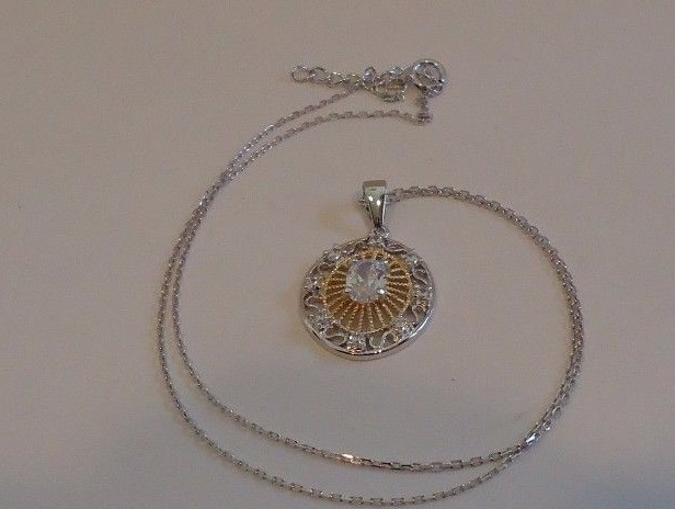 TWO TONE NECKLACE PENDANT W/ 1 CT LAB CREATED DIAMONDS 925 STERLING SILVER