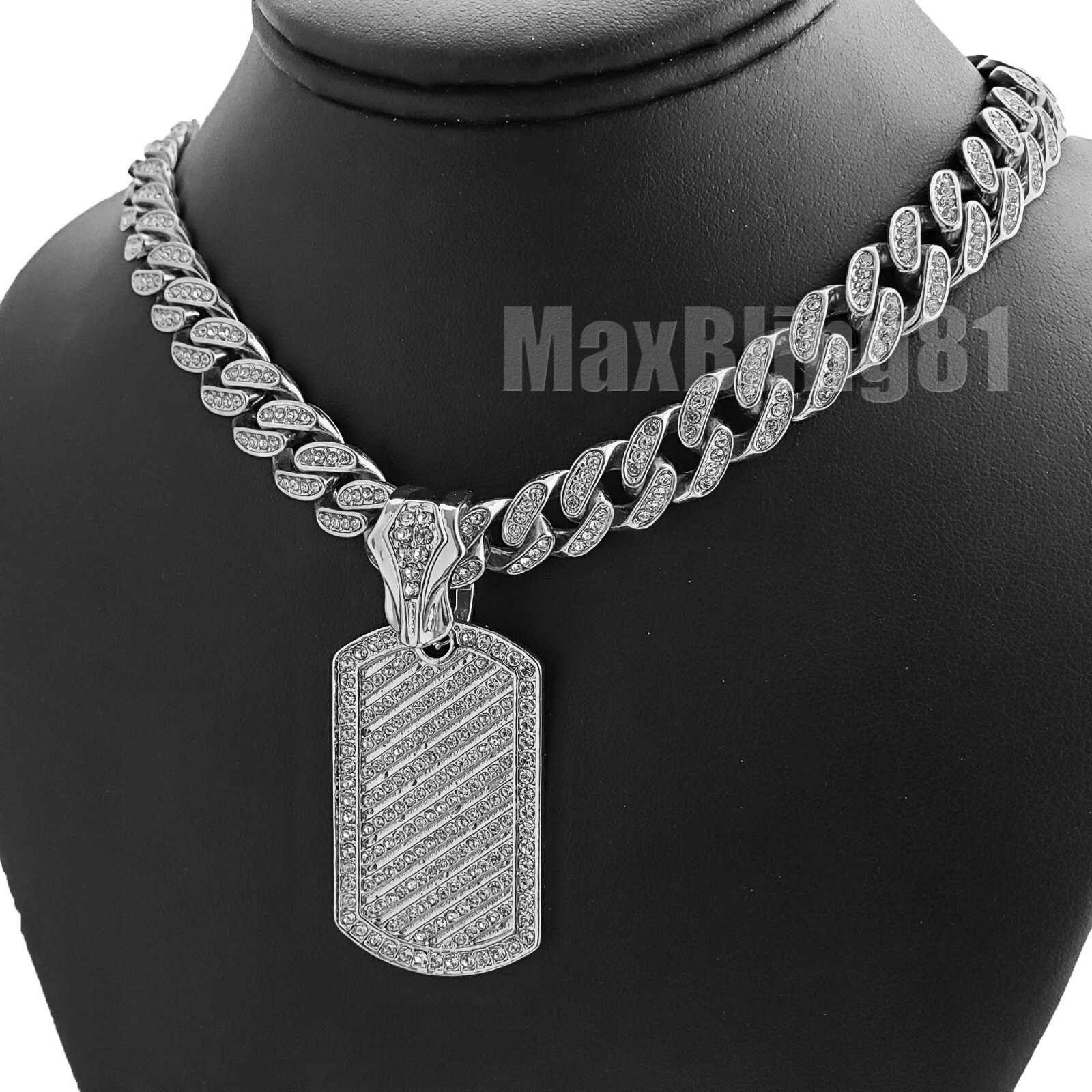 Icy Dog Tag Pendant & 12mm 16″ 18″ 20″ 24″ Iced Cuban Box Lock Chain Necklace