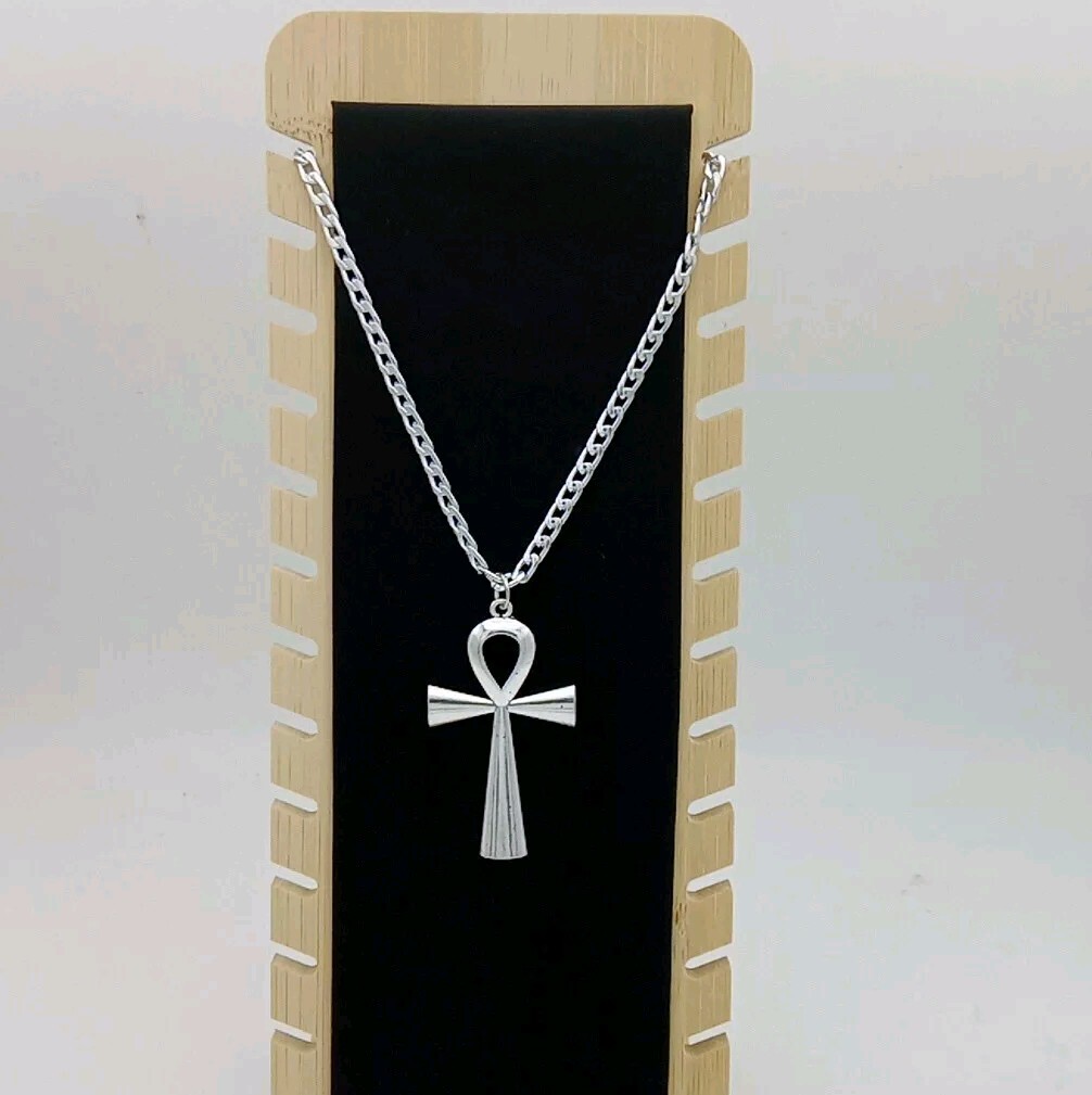 Ankh Necklace Key of Life CROSS Pendant & 24″ Curb Chain Big Vintage silver Tone